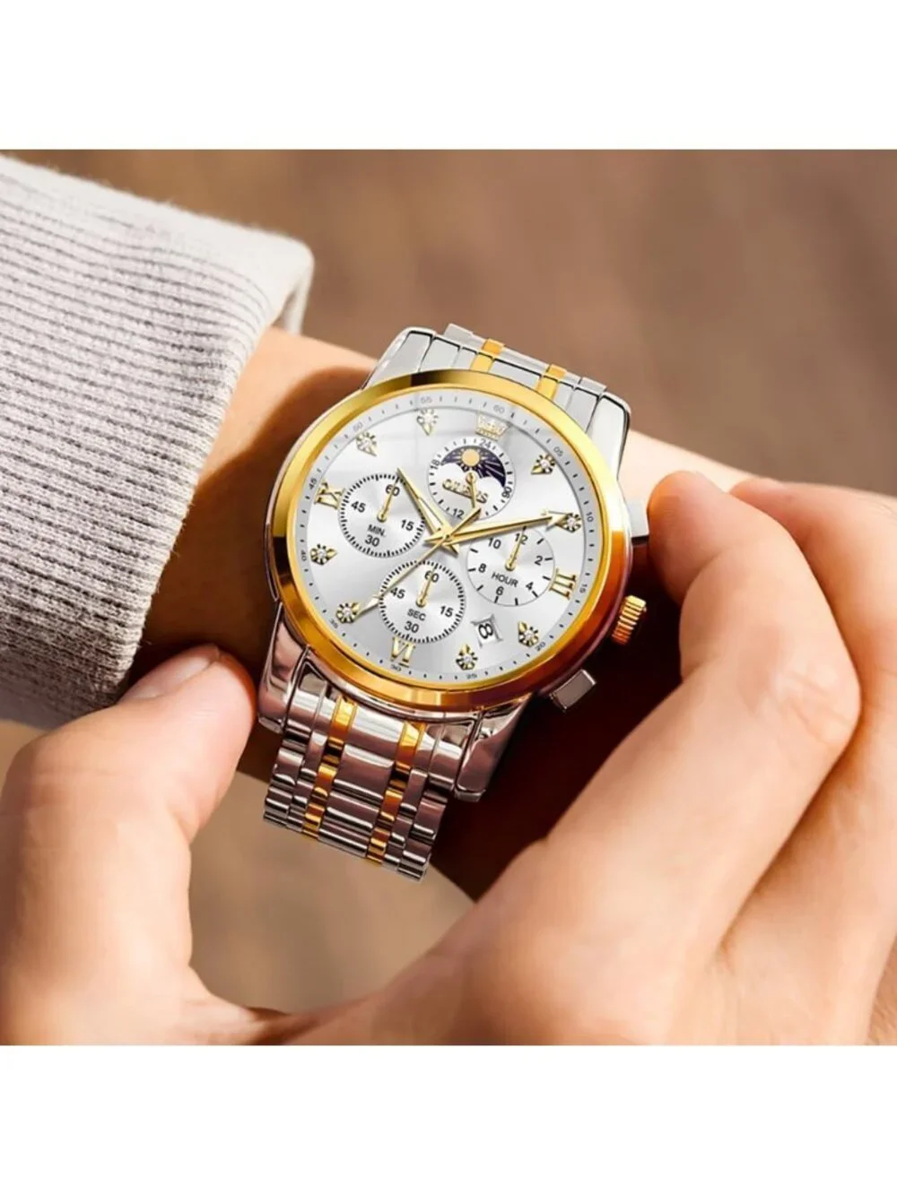 Men Silver Gold Diamond Analog Quartz Stainles Waterproof Luminous Classic Watch